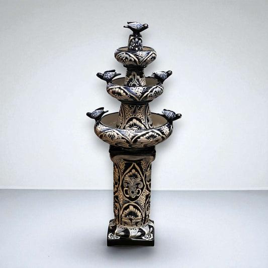 Talavera Blue & White Fountain | Authentic Mexican Ceramic Water Feature - hand-painted tiered Talavera fountain with bird spouts