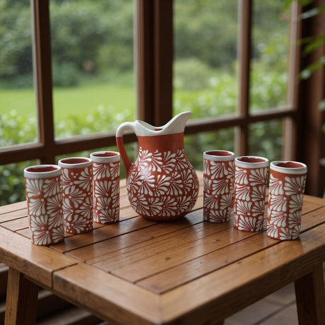 Talavera Brown & White Drinkware Set | Handmade Pitcher & Cups on wooden table.