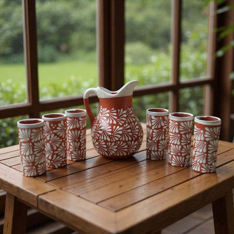 Talavera Brown & White Drinkware Set | Handmade Pitcher & Cups on wooden table.
