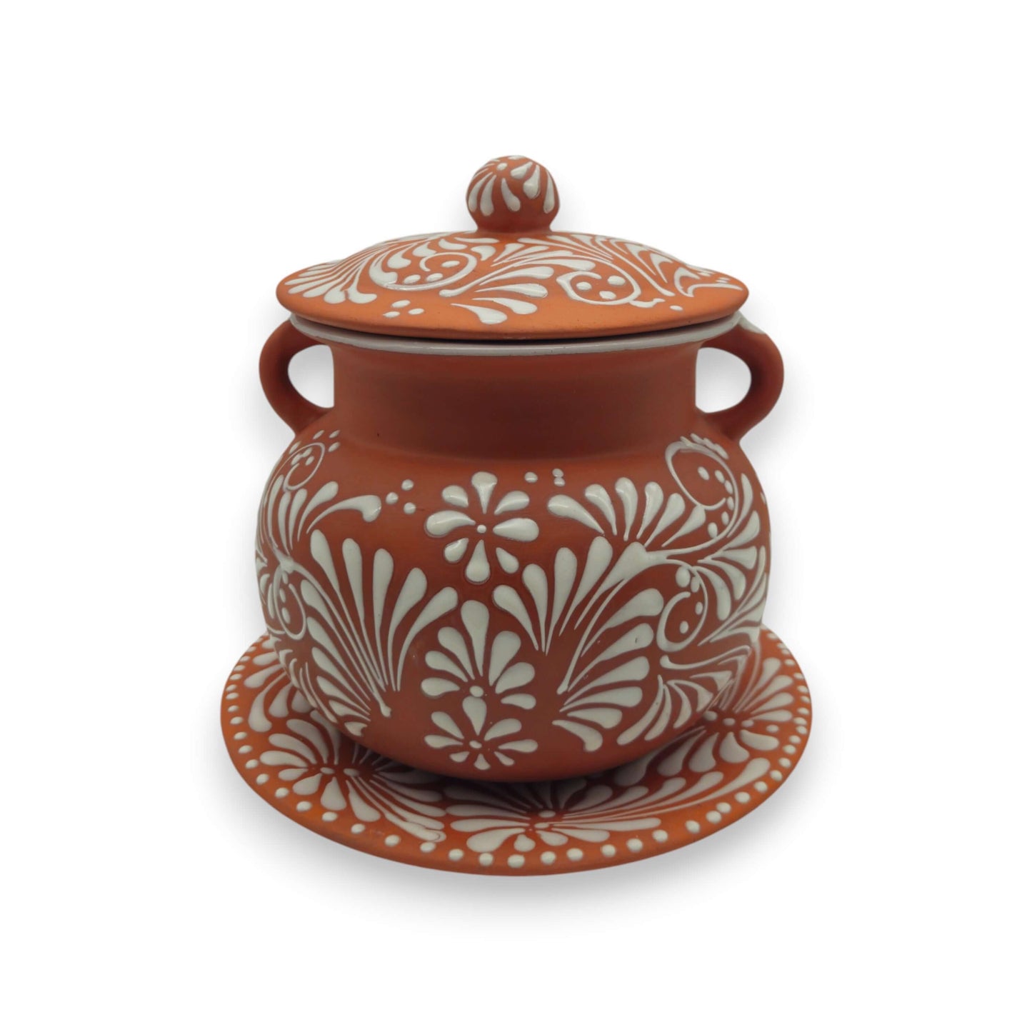 Talavera Frijolero Bean Pot with Lid | Mexican Clay Pot hand-painted brown and white floral Talavera with lid and handles