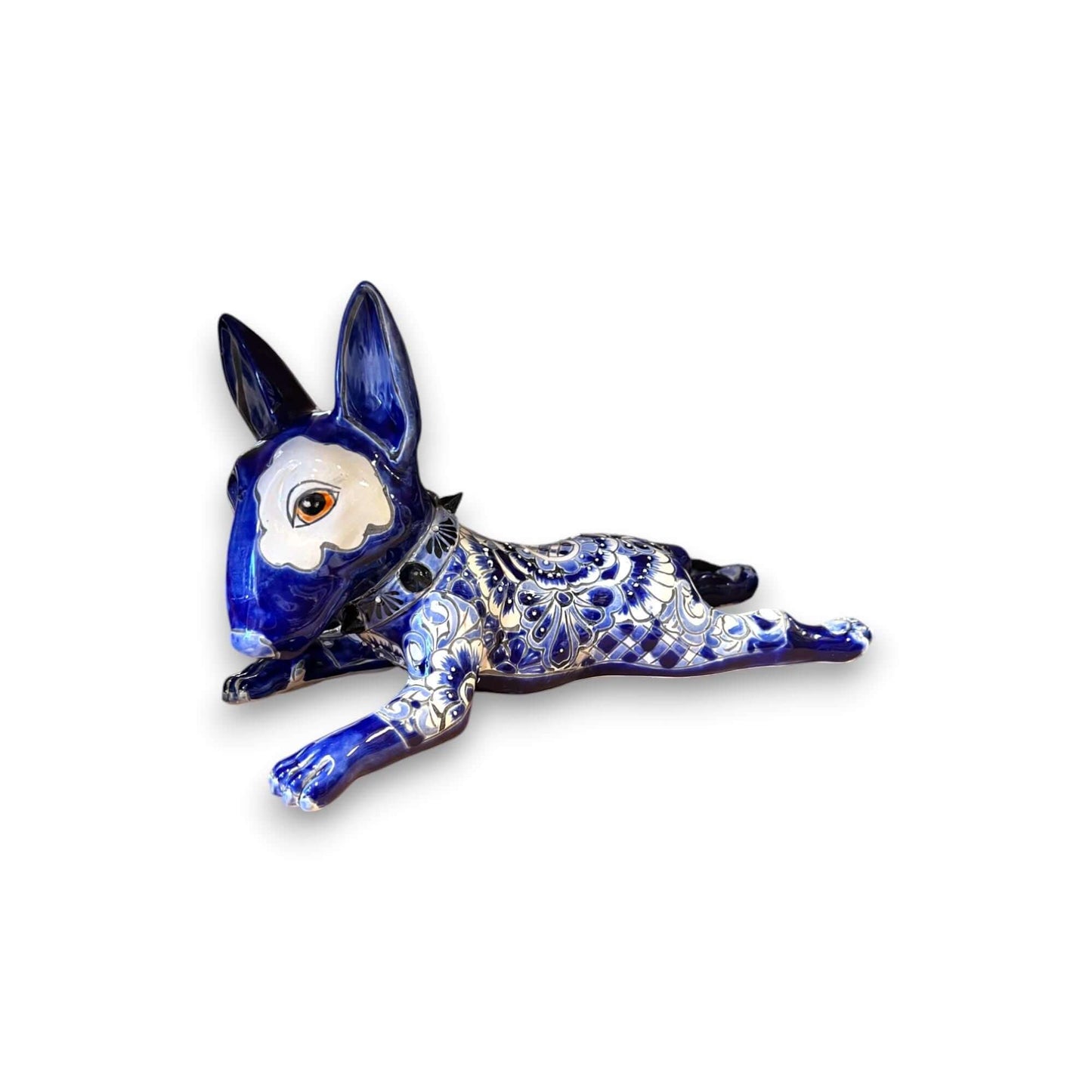 Talavera Bull Terrier Statue | Hand-Painted Colorful Dog Sculpture - blue hand-painted Talavera bull terrier ceramic sculpture, reclining