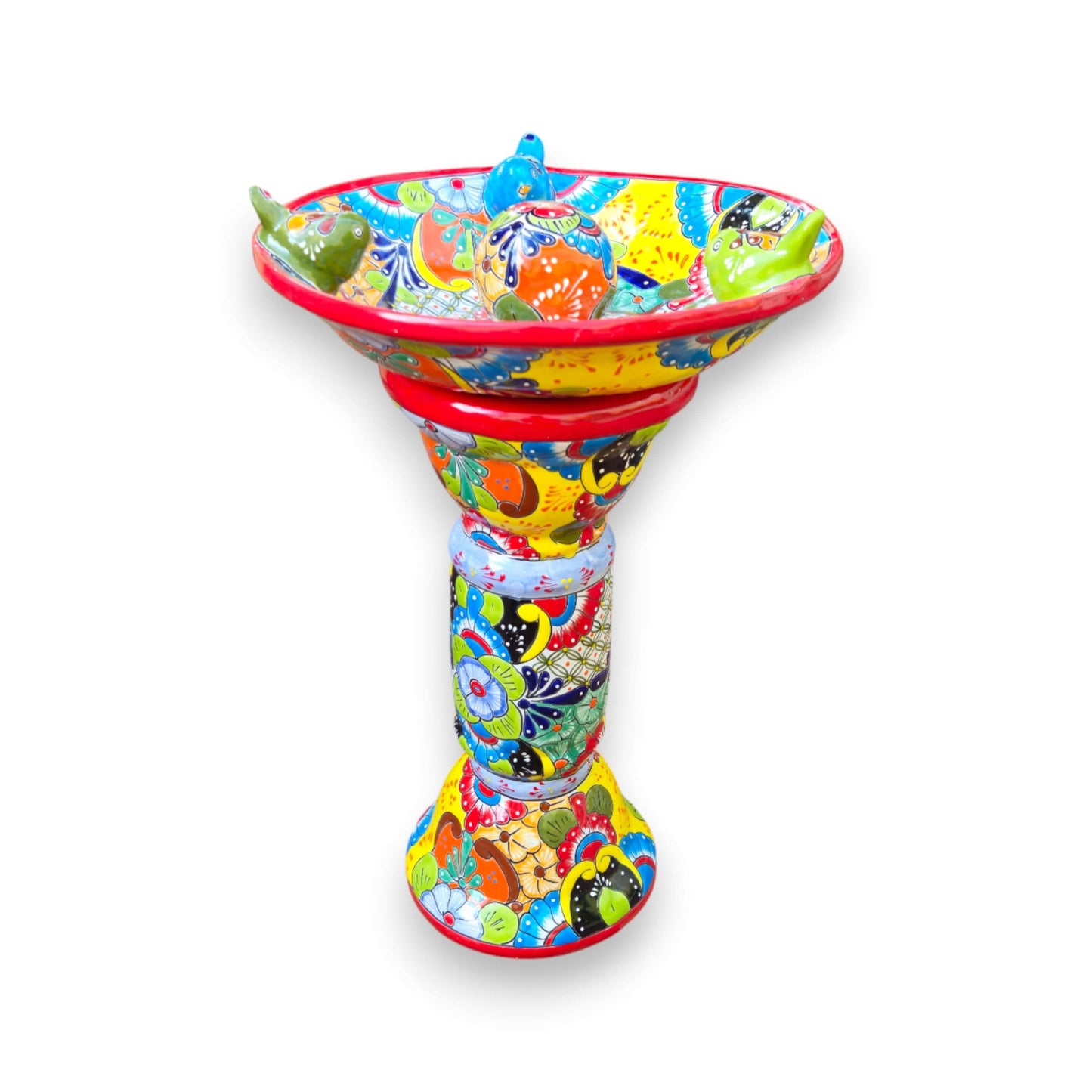 Talavera Bird Bath with Center Ball | Colorful Mexican Garden Art handcrafted vibrant floral geometric motifs on pedestal