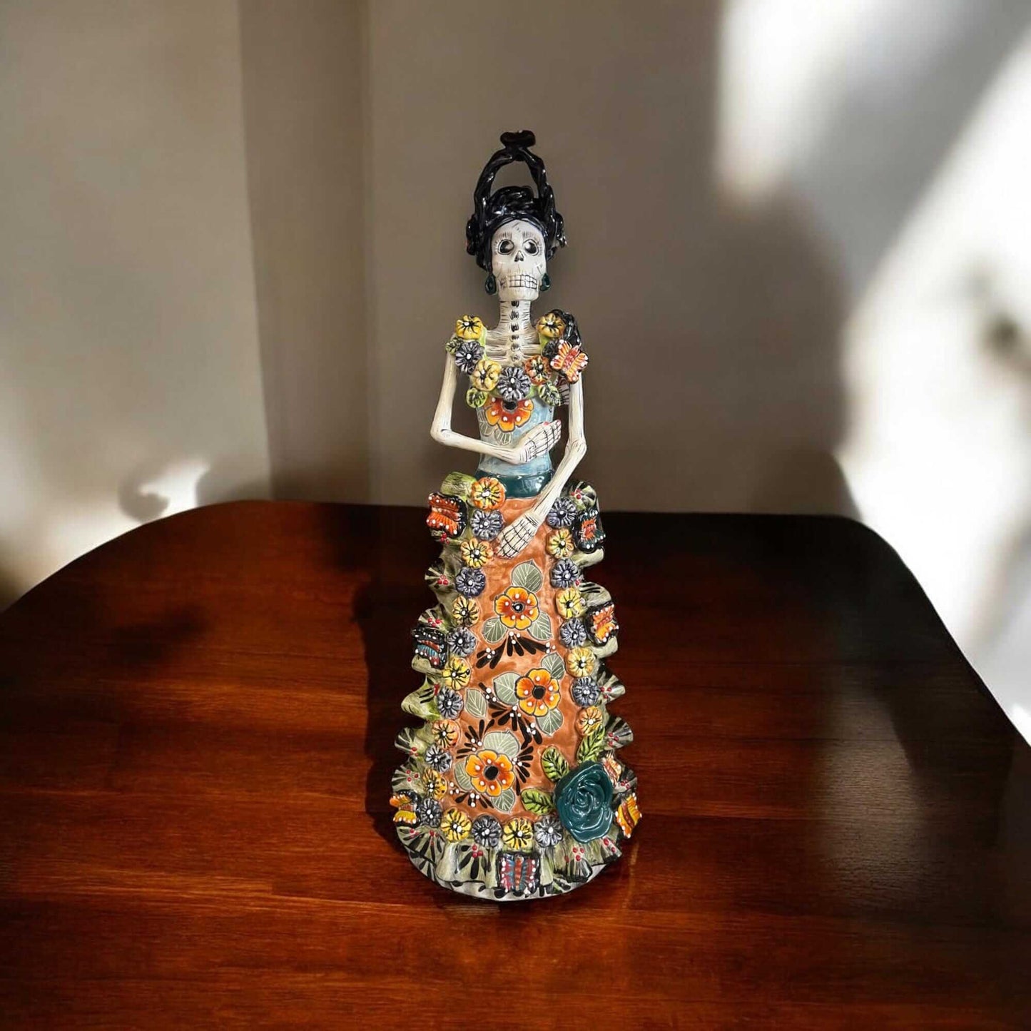 Talavera Day of the Dead Catrina Figurine | Updo in Vibrant Dress handcrafted hand-painted floral gown from Guanajuato, Mexico