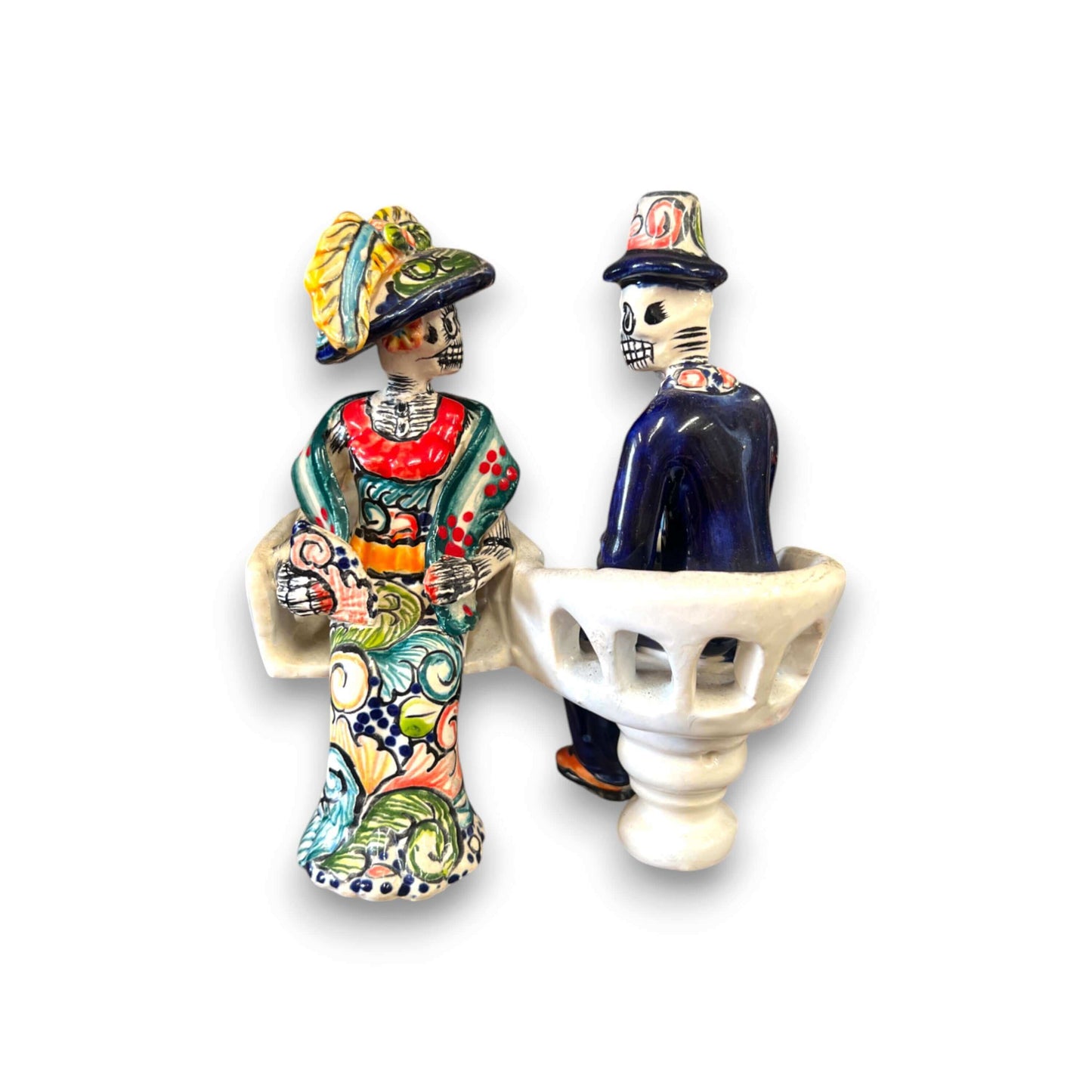 Talavera Day of the Dead Figurines | Mexican Chair Statues - hand-painted Talavera skeleton couple in chairs from Guanajuato, Mexico