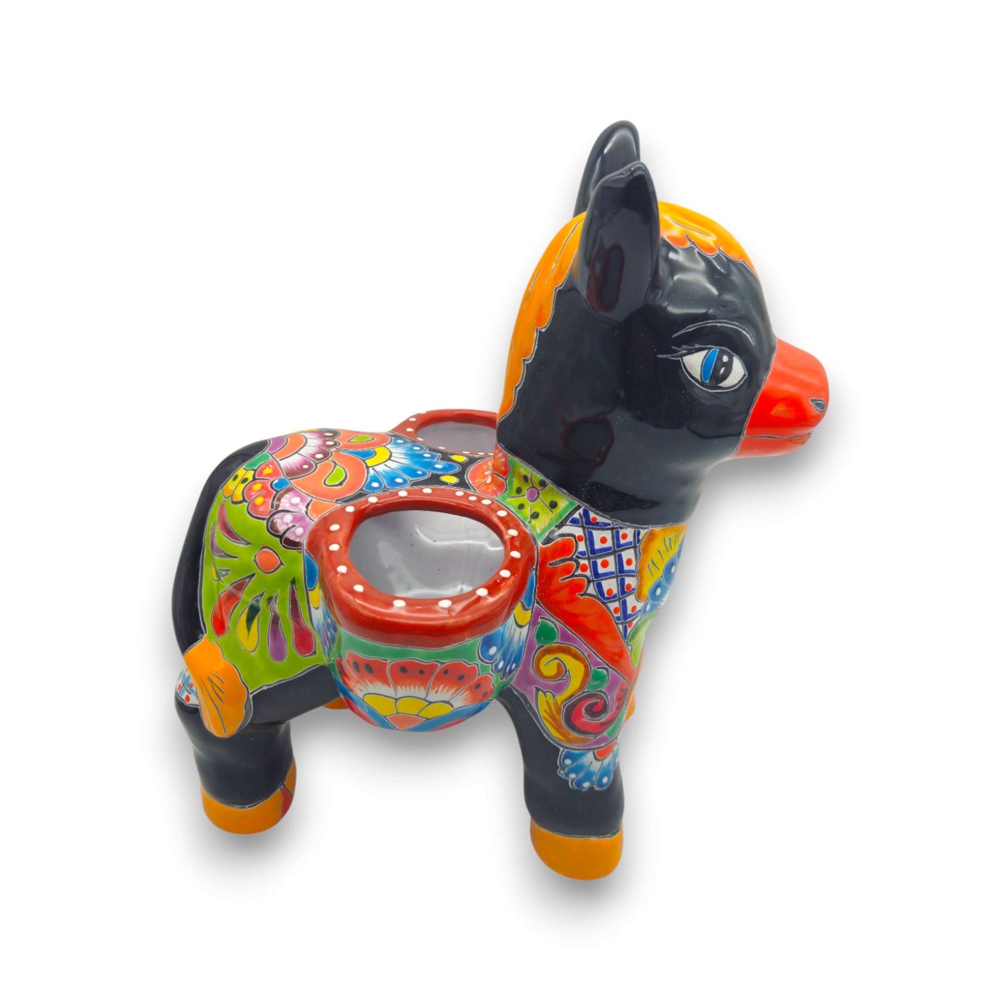 Talavera Donkey Planter | Mexican Ceramic Burro Pot hand-painted black donkey planter with vivid Talavera floral and geometric patterns