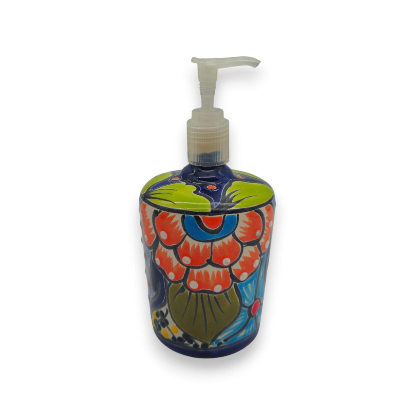 Talavera Floral Soap Pump | Hand-Painted Mexican Ceramic — hand-painted colorful floral ceramic dispenser with pump, kiln-fired lead-free glaze