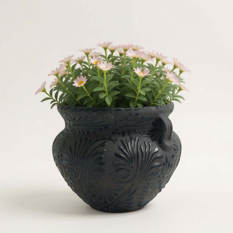 Talavera Floral Pot | Handmade Black Design with flowers