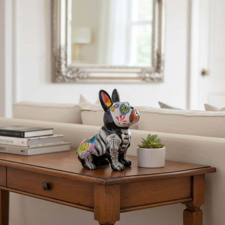 Talavera French Bulldog Statue | Day of the Dead Design on table with decor.
