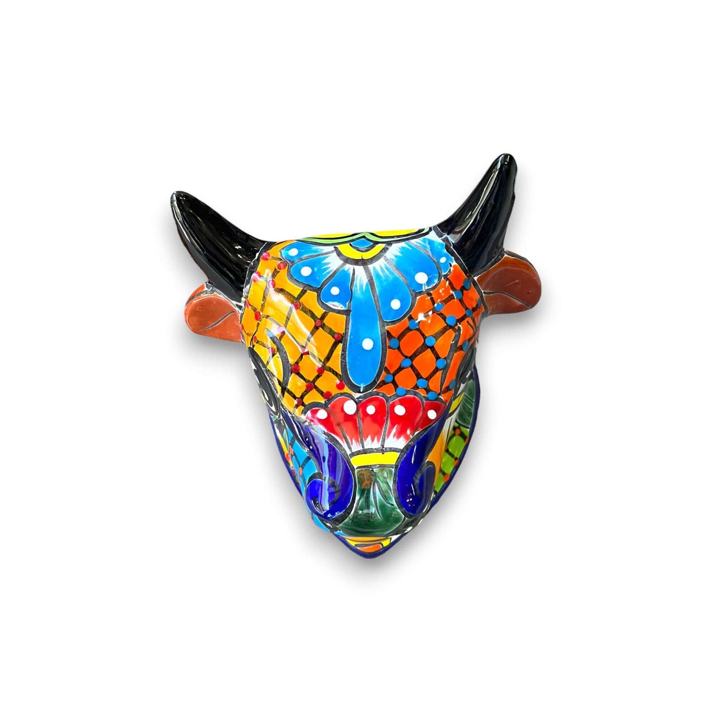 Talavera Bull Planter | Hand-Painted Mexican Bull Wall Art (Medium) - vibrant hand-painted Talavera bull skull planter from Guanajuato, Mexico