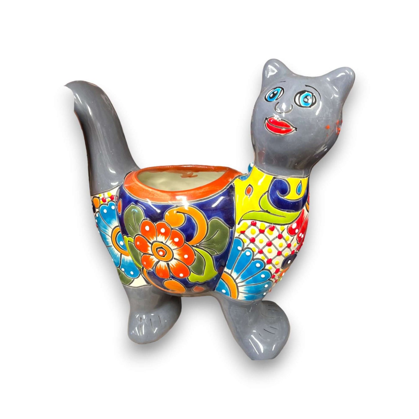 Talavera Cat Planter | Colorful Hand-Painted Mexican Artwork (Medium) — hand-painted gray cat planter with vibrant floral Talavera design