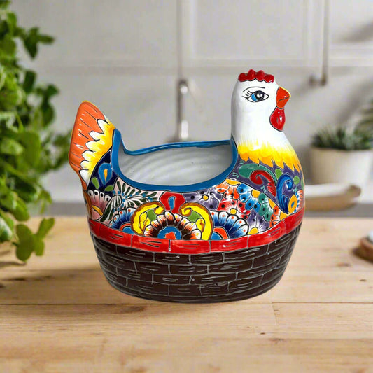 Talavera Chicken Planter | Hand-Painted Mexican Ceramic Statue vibrant hand-painted Talavera chicken planter with floral patterns and lead-free glaze