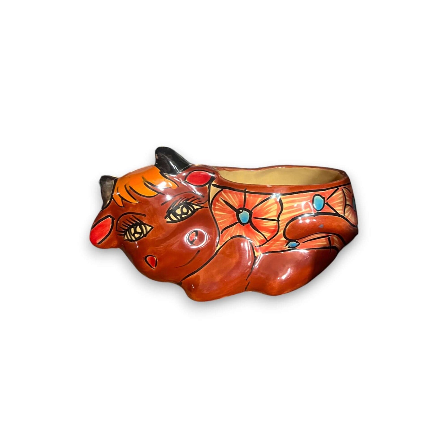 Talavera Cow Planter | Hand-Painted Mexican Ceramic Animal Pot - bright hand-painted floral cow-shaped planter from Guanajuato, lead-free glaze