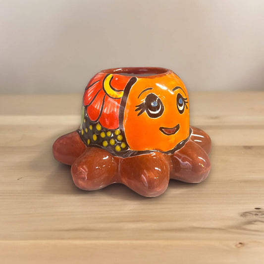 Talavera Octopus Succulent Planter | Hand-Painted Ceramic Pot — hand-painted orange octopus ceramic planter for succulents, Mexican Talavera style