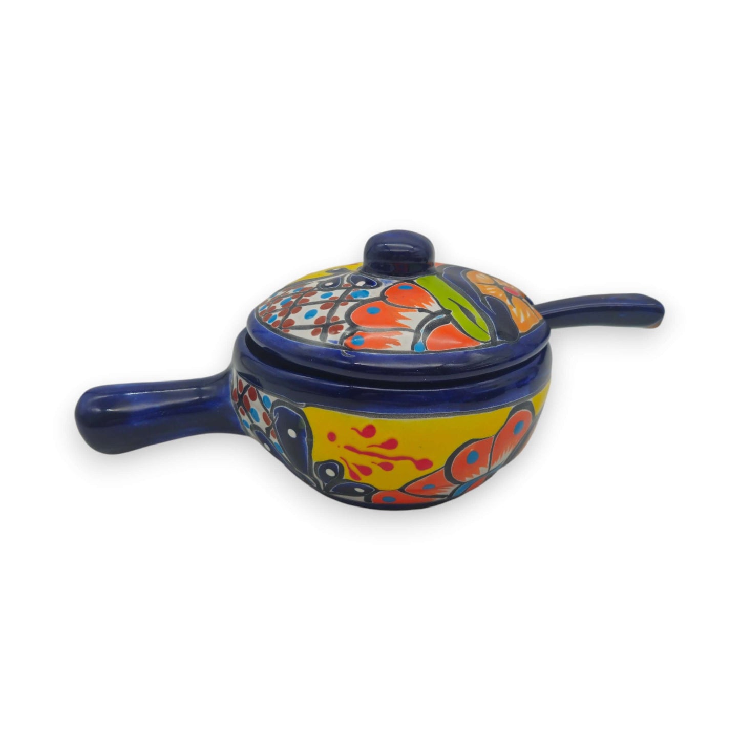 Talavera Salsa Bowl with Lid | Hand-Painted Ceramic Salsera – hand-painted multicolor floral covered salsa bowl with deep blue trim