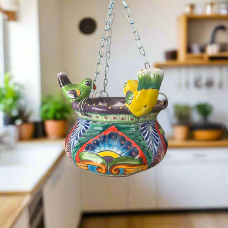 Talavera Hanging Planter with Birds | Small Handmade Ceramic Pot — colorful hand-painted hanging planter with bird accents, lead-free glazed, Mexican artisan-made