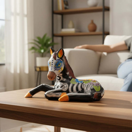 The Talavera Hub hand-painted ceramic horse planter with Day of the Dead motifs, featuring floral designs and skeletal accents in vibrant colors.