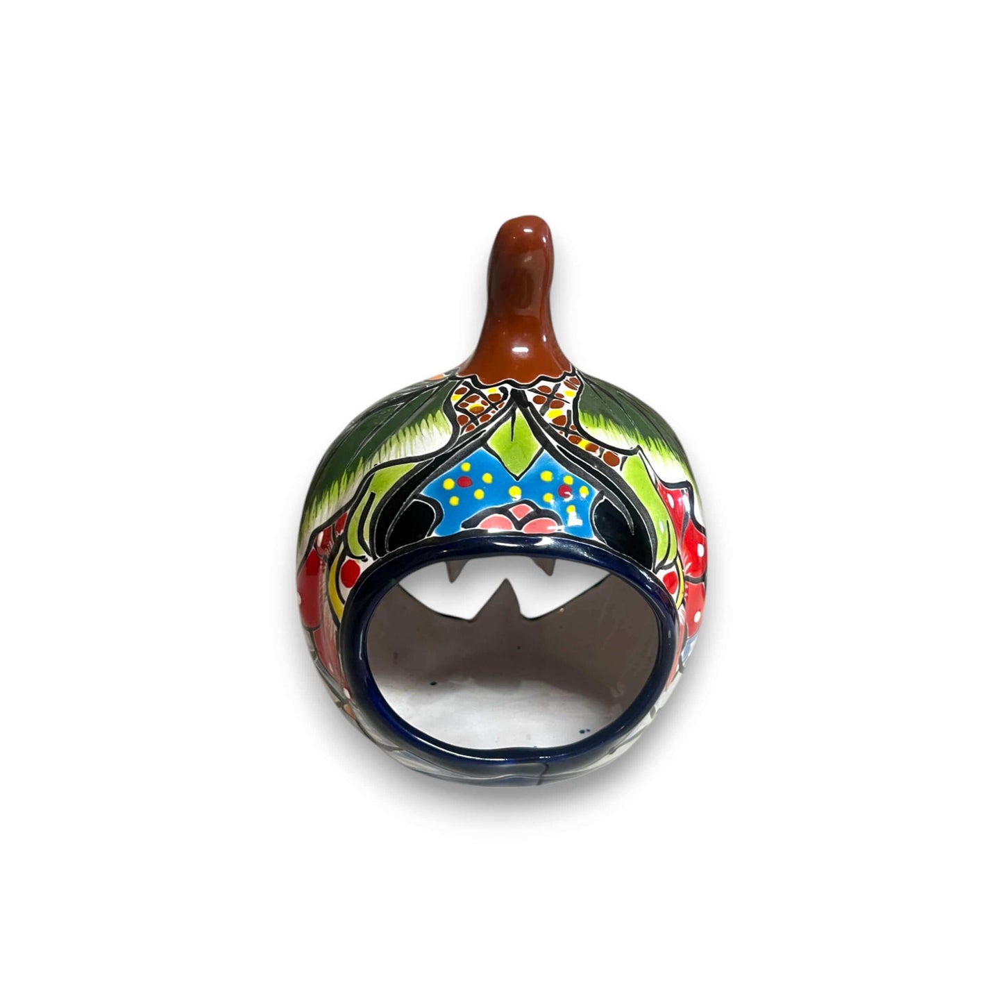Talavera Jack-O'-Lantern | Colorful Mexican Pumpkin Decor - hand-painted Talavera pumpkin with floral motifs and cut-out jack-o'-lantern face