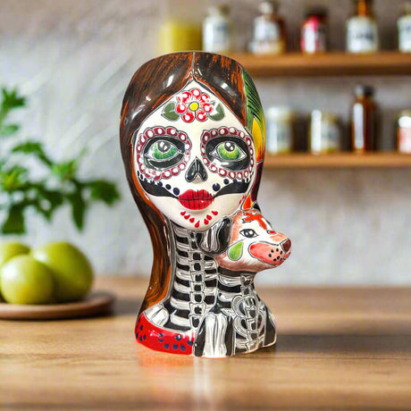 Talavera Lady Skull Planter | Colorful Day of the Dead Pot with Dog - hand-painted Talavera female sugar skull with pup, Guanajuato ceramic planter