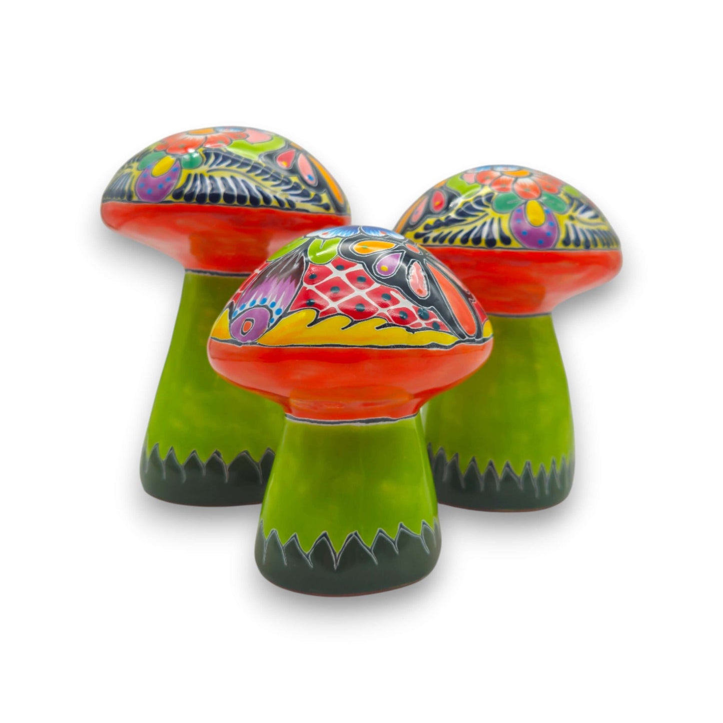 Talavera Mushroom Set | Vibrant Hand-Painted Mexican Decor — hand-painted Talavera ceramic mushroom trio, bright folk-art garden decor