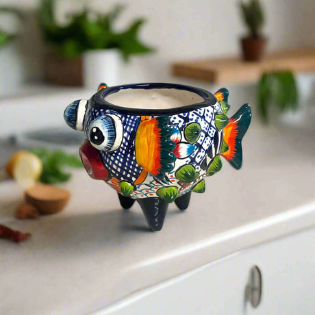 Talavera Puffer Fish Planter | Colorful Mexican Ceramic Pot handmade Talavera fish planter with vibrant hand-painted glaze