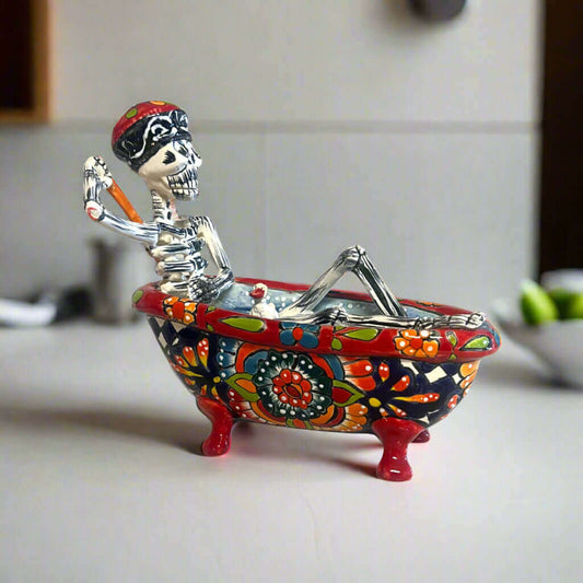 Talavera Skeleton Figurine | Day of the Dead Bathtub Statue hand-painted Talavera skull in colorful floral clawfoot tub