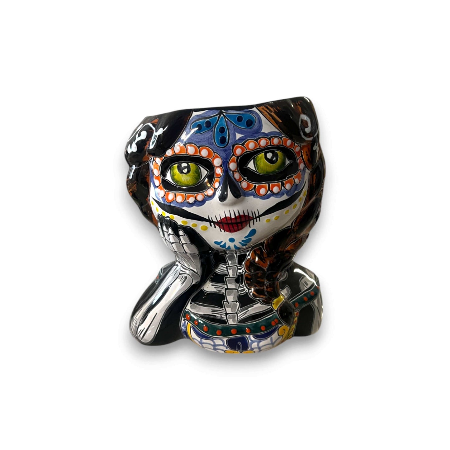 Talavera Skull Girl Planter | Hand-Painted Day of the Dead Pot - hand-painted Talavera seated skeleton girl planter with braided hair and colorful face paint
