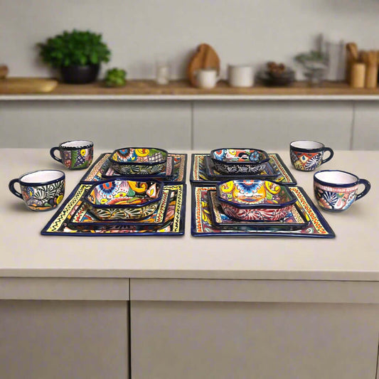 Talavera Square Dinnerware Set | 16-Piece Mexican Pottery Set - hand-painted vibrant square plates, bowls and mugs on kitchen counter