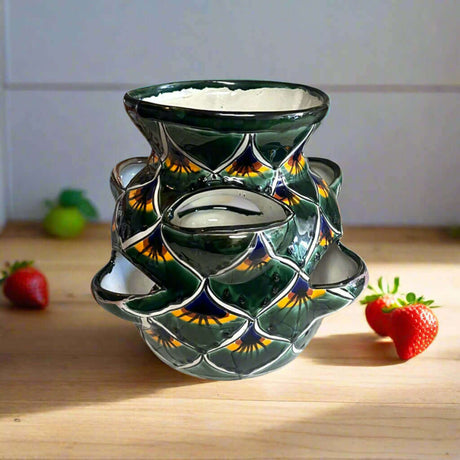 Talavera Strawberry Planter | Green Peacock Design hand-painted green peacock ceramic strawberry planter with multiple side openings, kiln-fired, lead-free glaze
