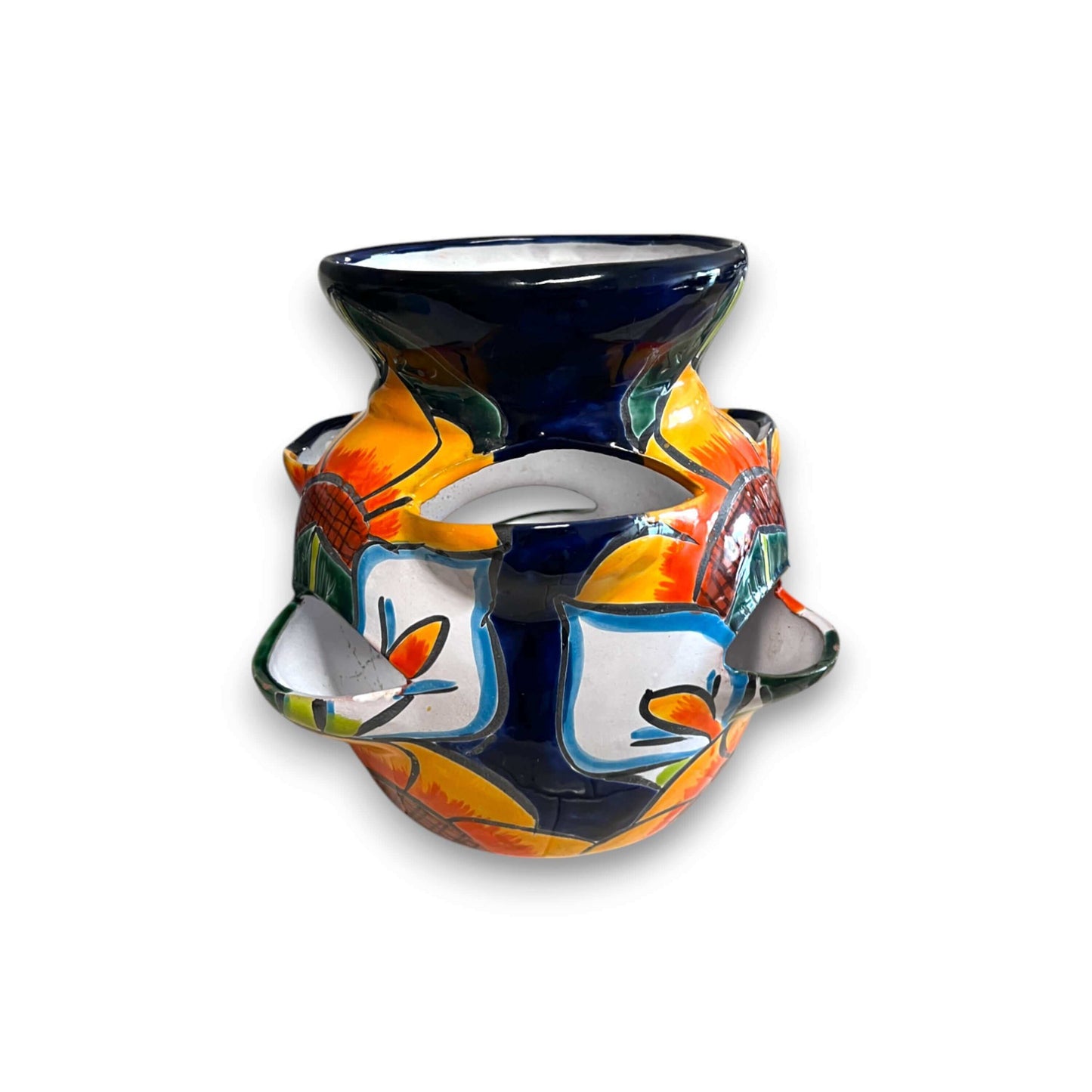 Talavera Strawberry Planter | Sunflower Lily Design handcrafted painted ceramic strawberry planter with bold sunflower and lily motifs