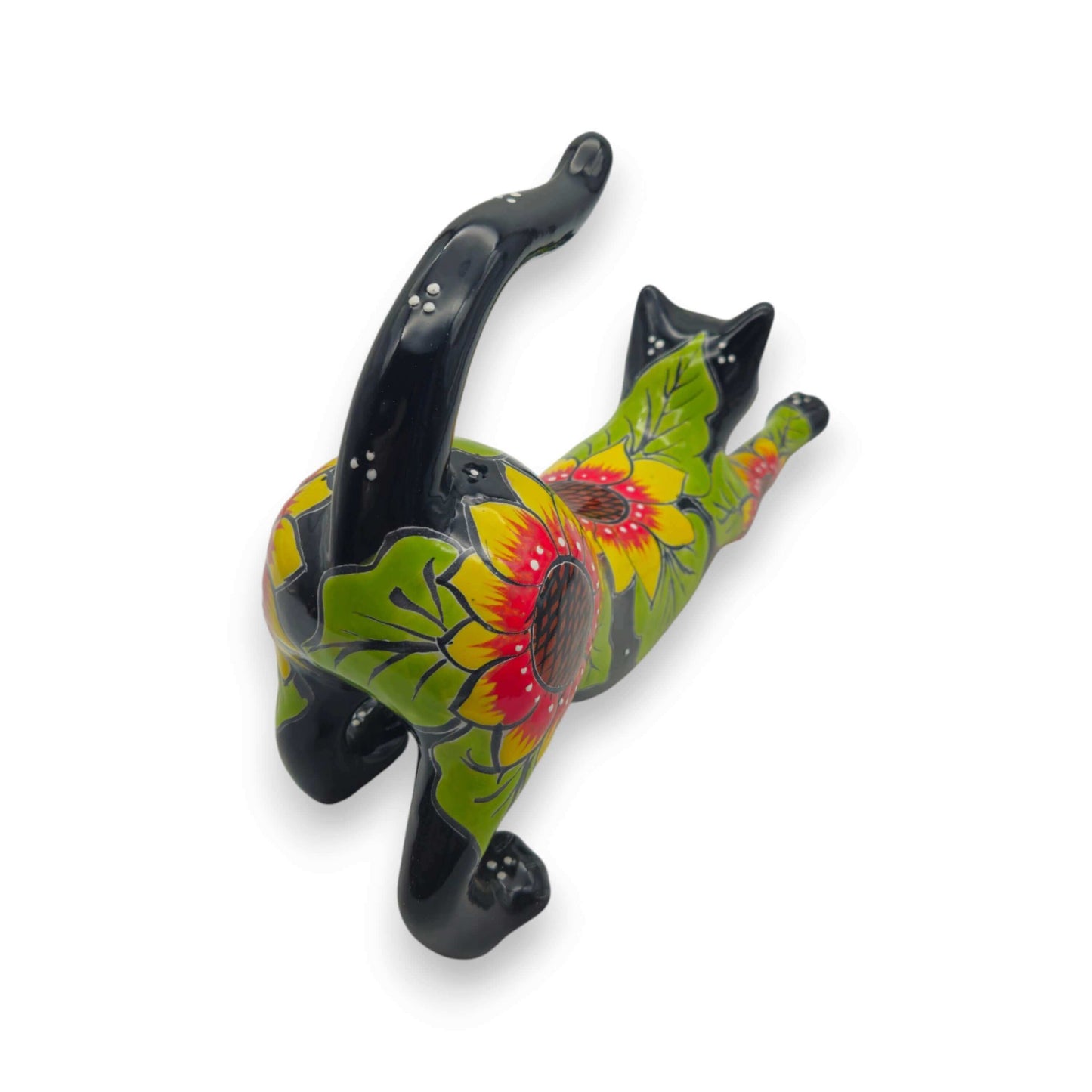 Talavera Stretching Cat Statue | Hand-Painted Sunflower Design - hand-painted Talavera cat with bright sunflower motif, kiln-fired, Guanajuato craftsmanship