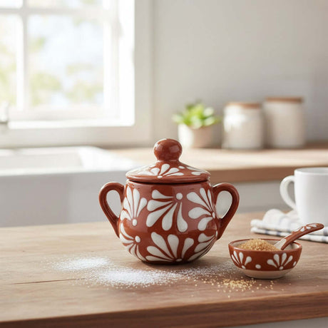 The Talavera Hub brown and white floral relief ceramic sugar jar with lid and handles, includes matching sugar bowl and spoon.