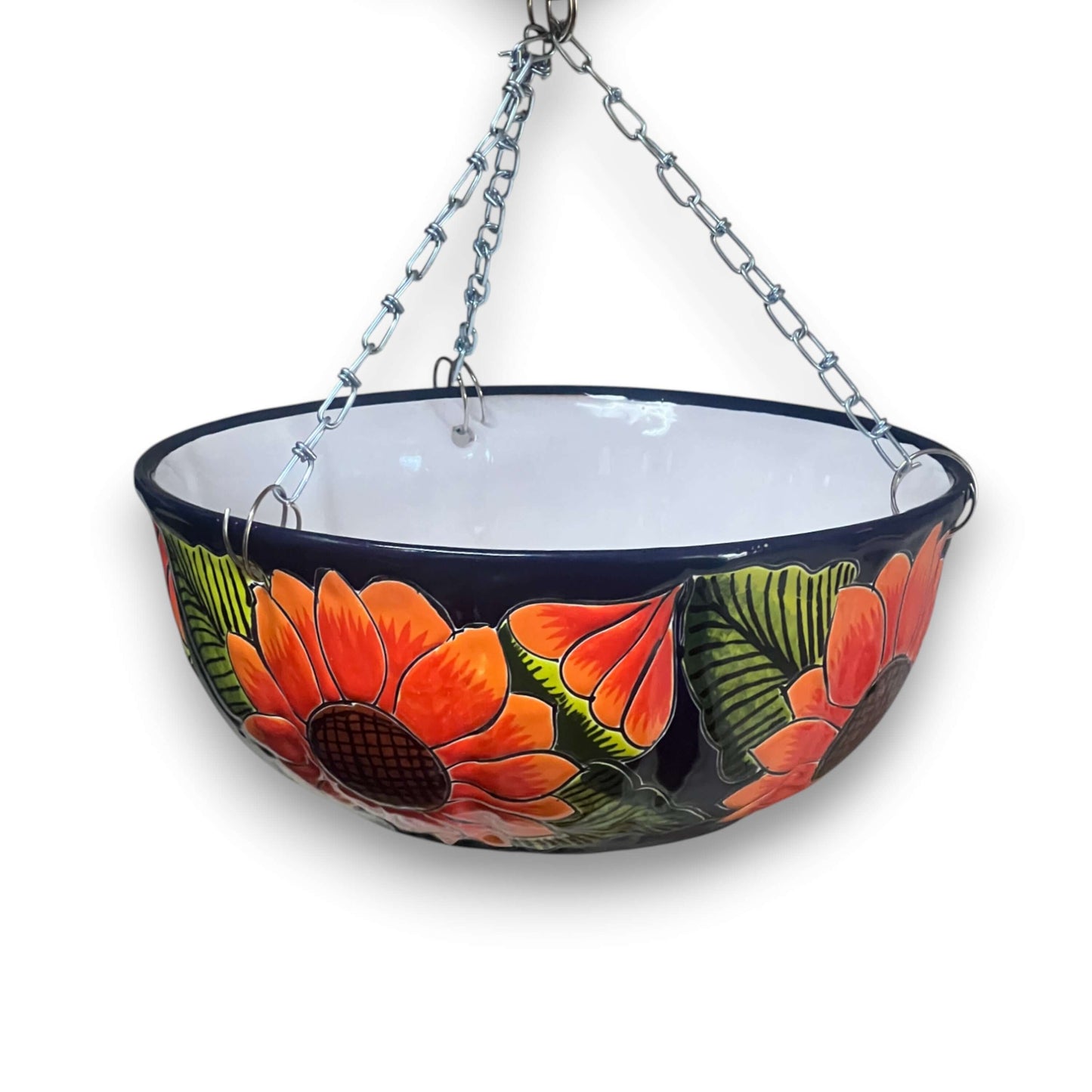Vibrant Talavera Sunflower Hanging Planter | Artisan Pot hand-painted sunflower hanging ceramic planter with orange petals and green leaves