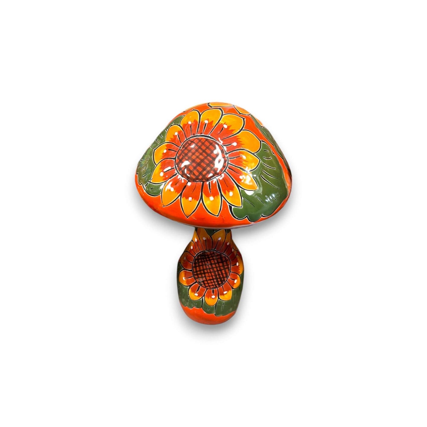 Talavera Mushroom Trio | Hand-Painted Sunflower Garden Decor - hand-painted orange sunflower Talavera mushroom sculpture