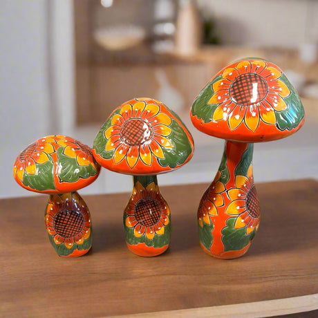 Talavera Mushroom Trio | Hand-Painted Sunflower Garden Decor - hand-painted Talavera ceramic mushrooms with bold sunflower patterns