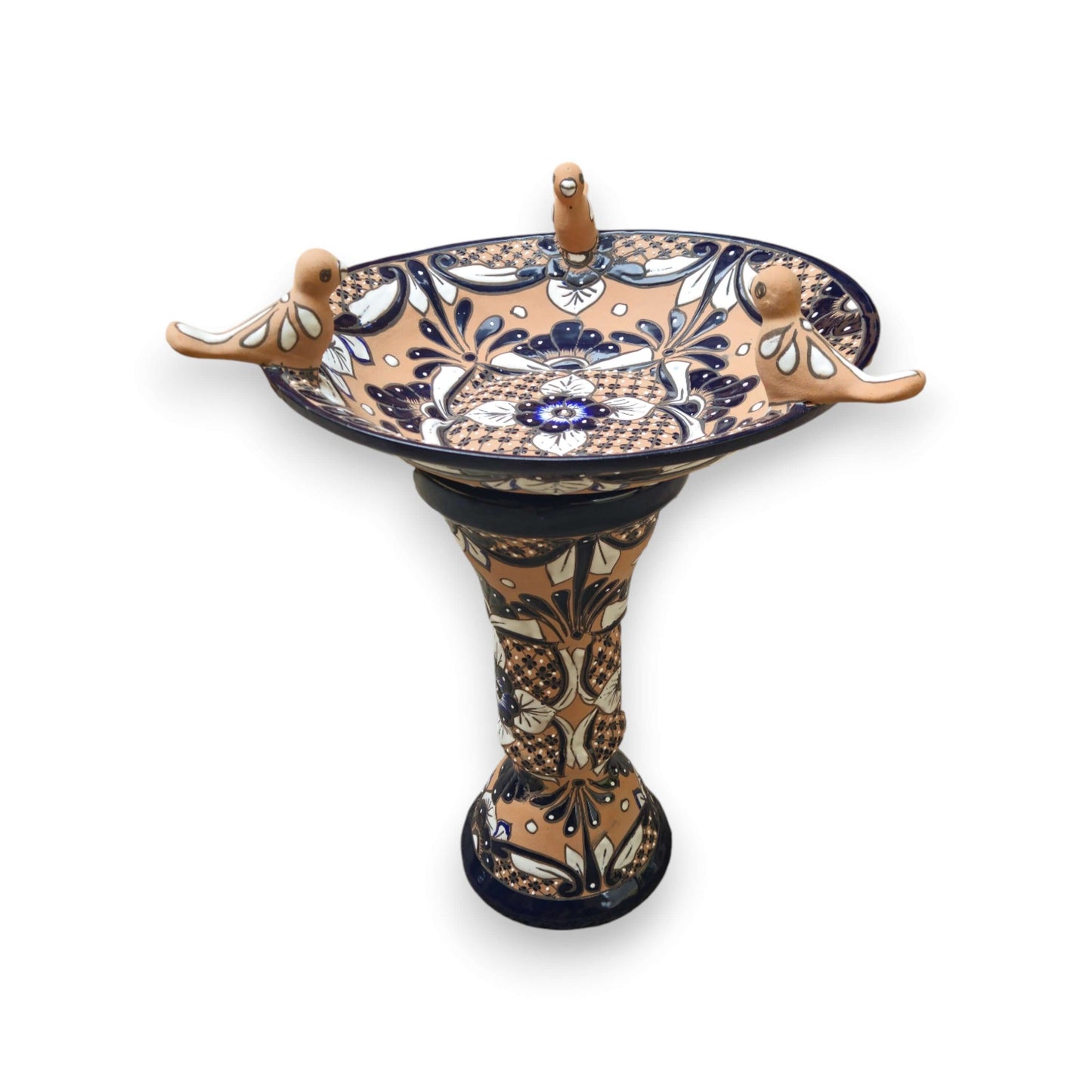 Terracotta Talavera Bird Bath | Black & Blue Hand-Painted Design - hand-painted terracotta bird bath with black and blue floral pattern and sculpted birds
