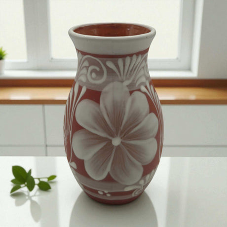 Terracotta Talavera Vase | Mexican Hand-Painted Pot showcasing warm clay tone with white floral Talavera design, hand-painted, kiln-fired, rustic decor