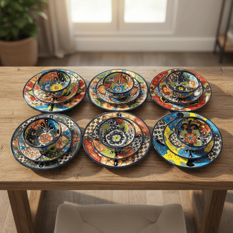 The Talavera Hub 20-piece handmade Talavera dinnerware set with floral patterns. Includes plates and bowls.
