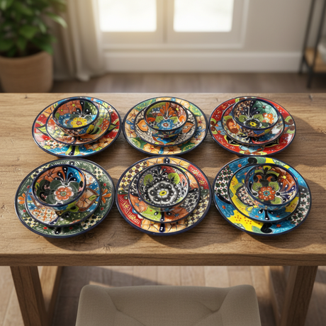 The Talavera Hub 20-piece handmade Talavera dinnerware set with floral patterns. Includes plates and bowls.