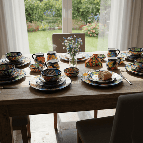 The Talavera Hub 43-piece Talavera dinnerware set with vibrant floral patterns, including plates, bowls, and mugs.