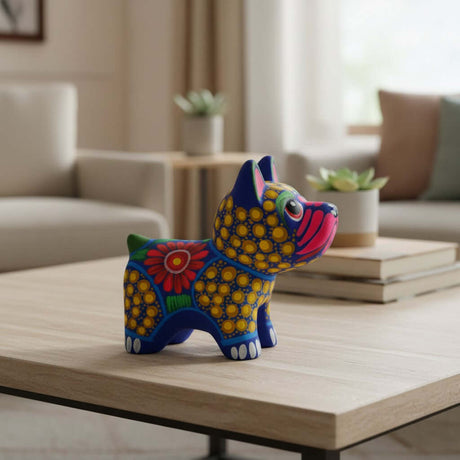 The Talavera Hub handcrafted ceramic bulldog figurine featuring vibrant hand-painted floral and geometric patterns.