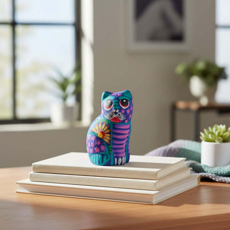 The Talavera Hub hand-painted ceramic Alebrije cat figurine with vibrant floral patterns on a stack of books.