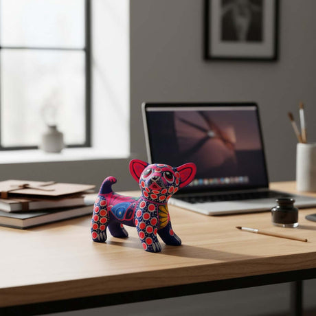 The Talavera Hub handmade ceramic Chihuahua figurine with vibrant hand-painted Mexican folk art patterns on a desk.