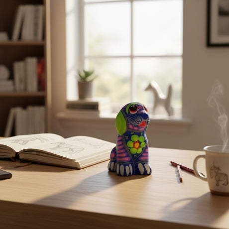 The Talavera Hub hand-painted ceramic Alebrije dog figurine with vibrant blue, green, and purple Mexican folk art patterns.