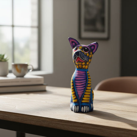 The Talavera Hub hand-painted ceramic Alebrije sitting dog statue with vibrant Mexican folk-art patterns on a table.