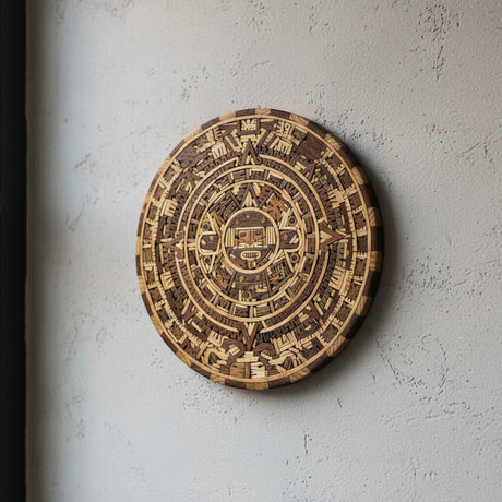 The Talavera Hub handcrafted Aztec Warrior Calendar, made from 11 types of wood, featuring intricate circular designs.