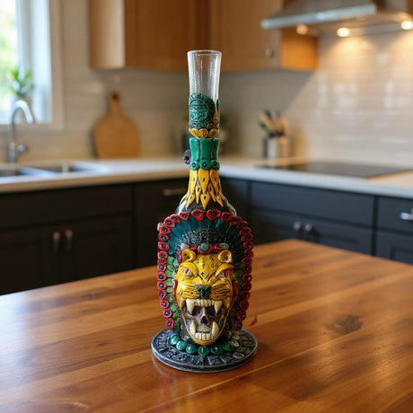 The Talavera Hub handcrafted Aztec warrior decanter with a lion face and skull motif, featuring vibrant yellow, blue, red, and green colors.