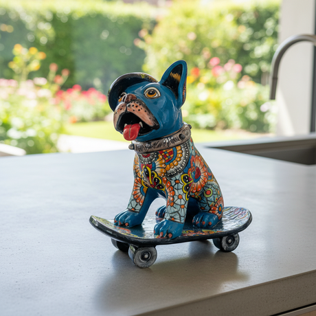 The Talavera Hub blue French Bulldog statue on a skateboard, hand-painted with colorful floral patterns.