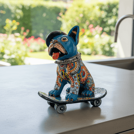 The Talavera Hub blue French Bulldog statue on a skateboard, hand-painted with colorful floral patterns.