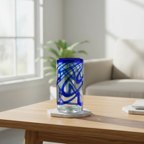 The Talavera Hub hand-blown glass with blue swirl design, 20 oz capacity, 6" tall.