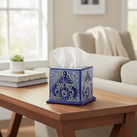The Talavera Hub blue and white hand-painted ceramic tissue box cover with intricate Mexican floral patterns